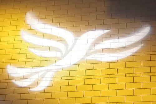 Lib Dem logo bird projected on blockwork