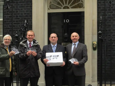 South Lakes MP Tim Farron, alongside the Leader of SLDC, Peter Thornton and NFU Secretary Derek Lomax, Mary Lomax and Michael Packham will took their petition demanding a fair deal for dairy farmers to Number 10 Downing Street