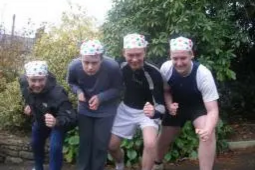 Tim with staff and pupils of Whinfell School preparing for the run