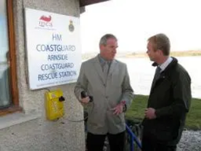 Tim with retired coastguard George Crossman at Arnside Coastguard station