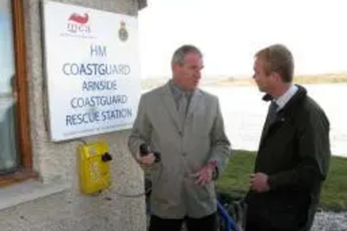 Tim with retired coastguard George Crossman at Arnside Coastguard station