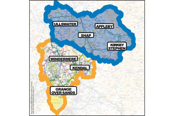 Map of the new Westmorland and Lonsdale constituency with the northern area shaded Conservative blue, and the southern area shaded Lib Dem gold.