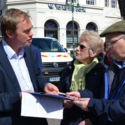 Tim Farron talking to voters