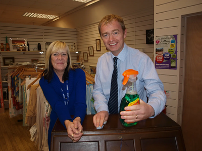 South Lakes MP Tim Farron has highlighted the work of the St John’s Hospice shop in Kendal by joining the team to do a spot of volunteering.