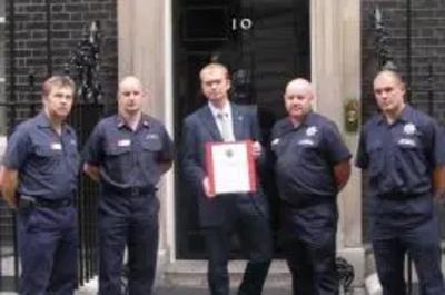 Tim Farron MP and fire-fighters at 10 Downing Street