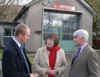 Tim Farron with councillors Joan Stocker and Graham Vincent at Staveley Fire Station