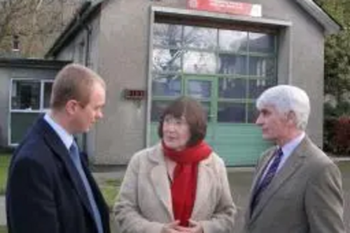 Tim Farron with councillors Joan Stocker and Graham Vincent at Staveley Fire Station