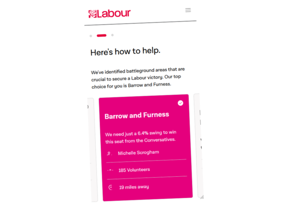 Screenshot of the Labour Party website instructing people to campaign in Barrow.