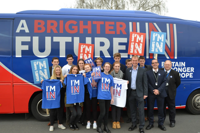 Tim Farron with EU Stronger In Battle Bus