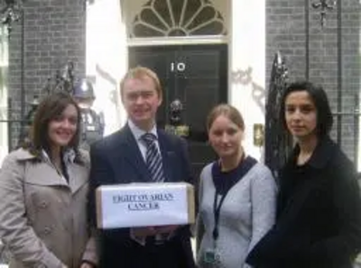 Tim Farron MP with cancer campaigners taking petitions to no. 10